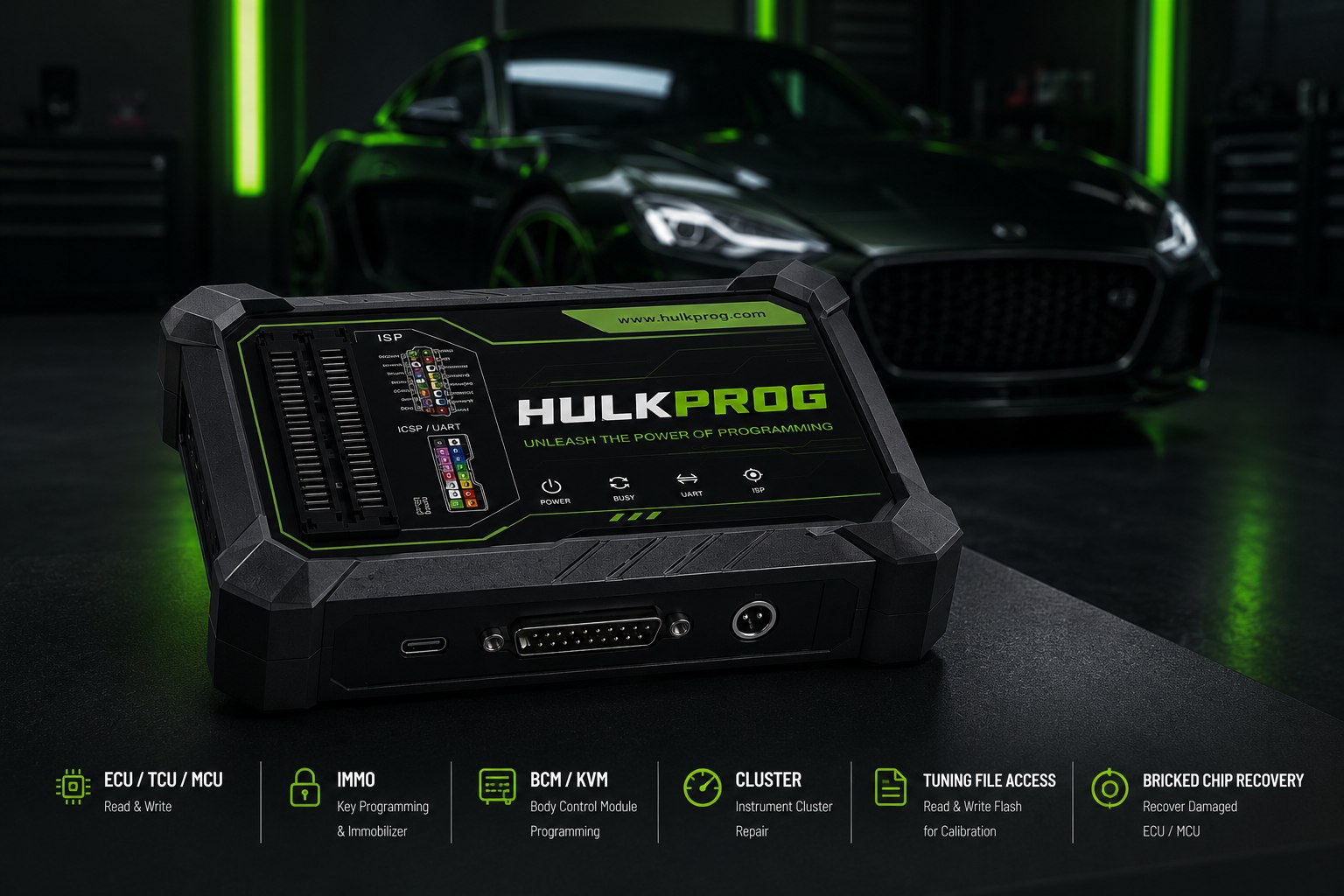 HULKPROG programmer with a vehicle behind it — ECU/TCU/MCU, IMMO, BCM/KVM, cluster, tuning and bricked-chip recovery
