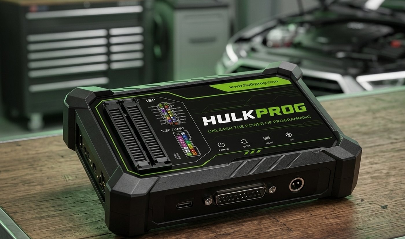 HULKPROG on a workshop bench with a vehicle under repair